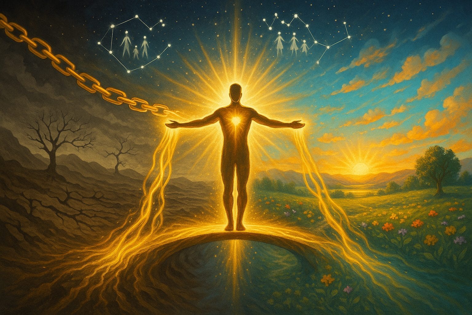 Figura radiante en puente de luz conectando pasado gris con futuro colorido representando transformación generacional