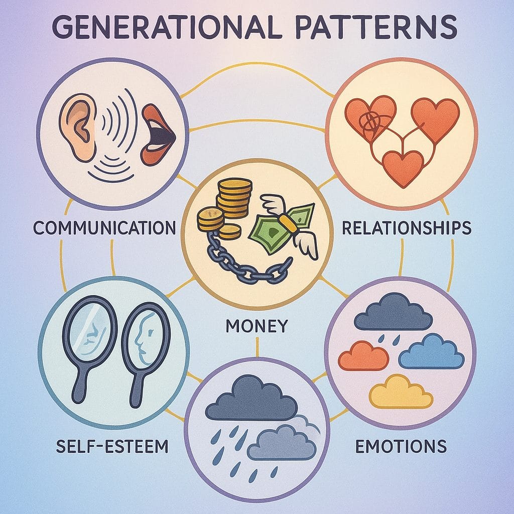 Ilustración de los cinco patrones generacionales más comunes: comunicación, dinero, relaciones, autoestima y emociones
