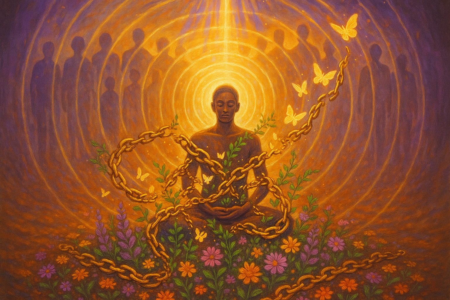Figura meditando rompiendo cadenas doradas que se transforman en mariposas y flores representando sanación generacional