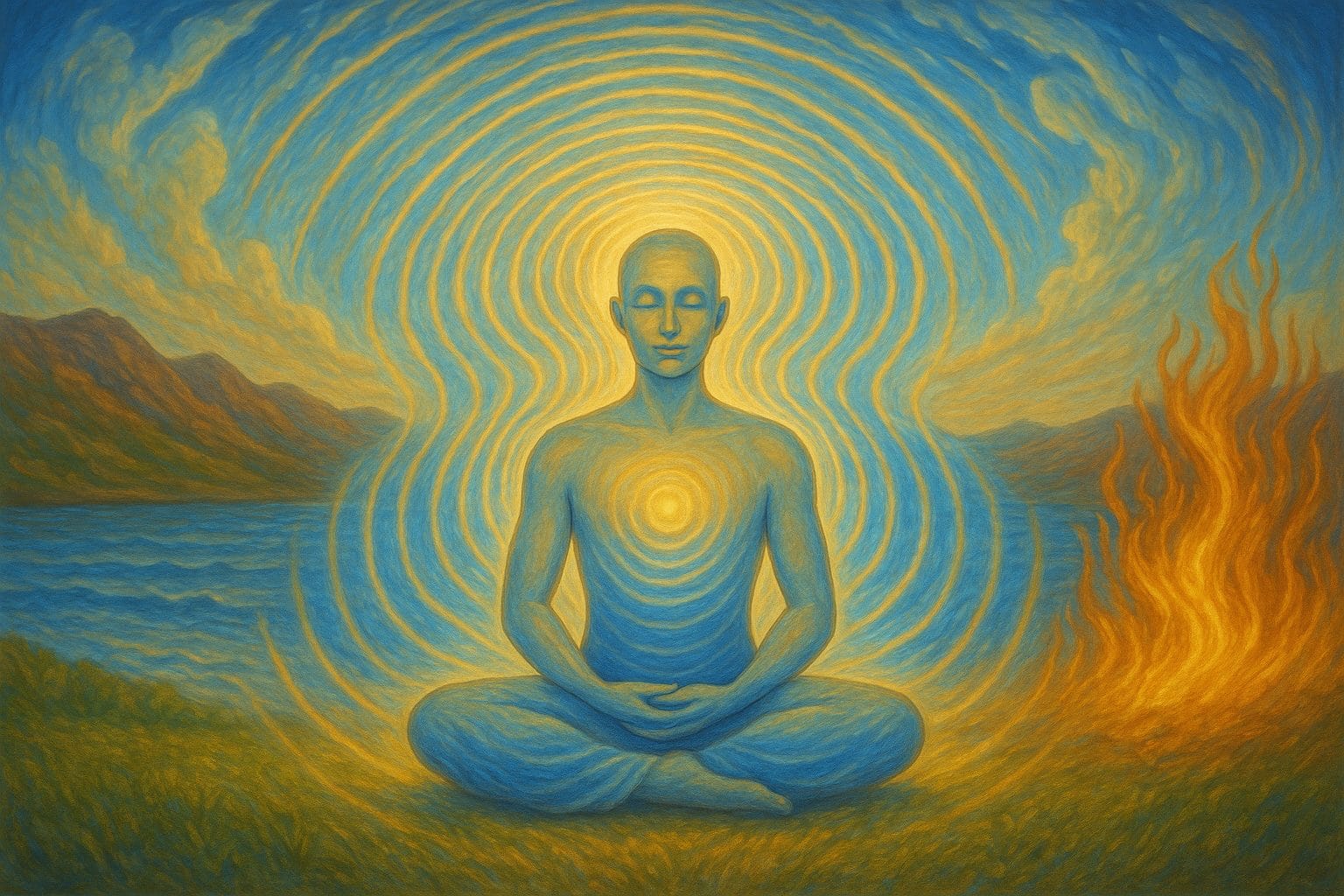 Escena serena representando armonía interior con figura en equilibrio perfecto rodeada por campo energético armonioso