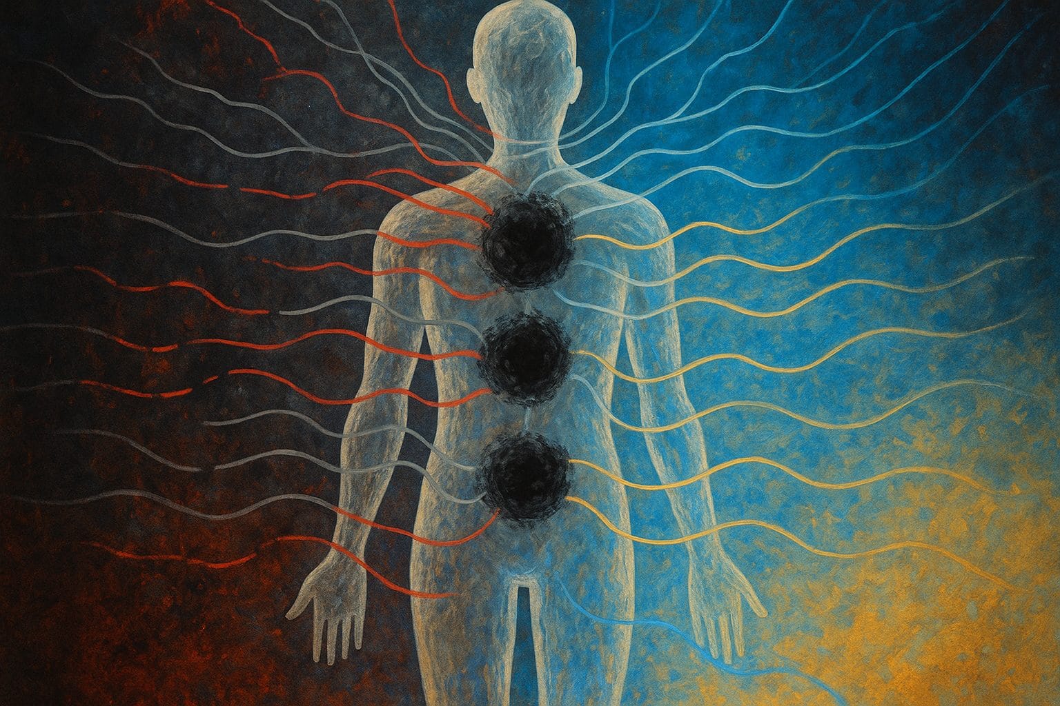 Representación artística de bloqueos energéticos en el cuerpo humano con áreas oscuras y flujo interrumpido