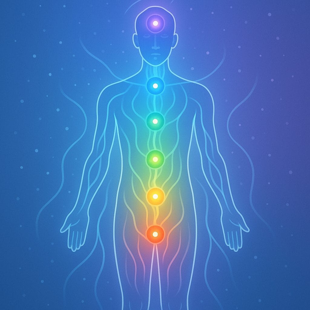 Ilustración del sistema energético humano con los siete chakras principales y líneas de energía