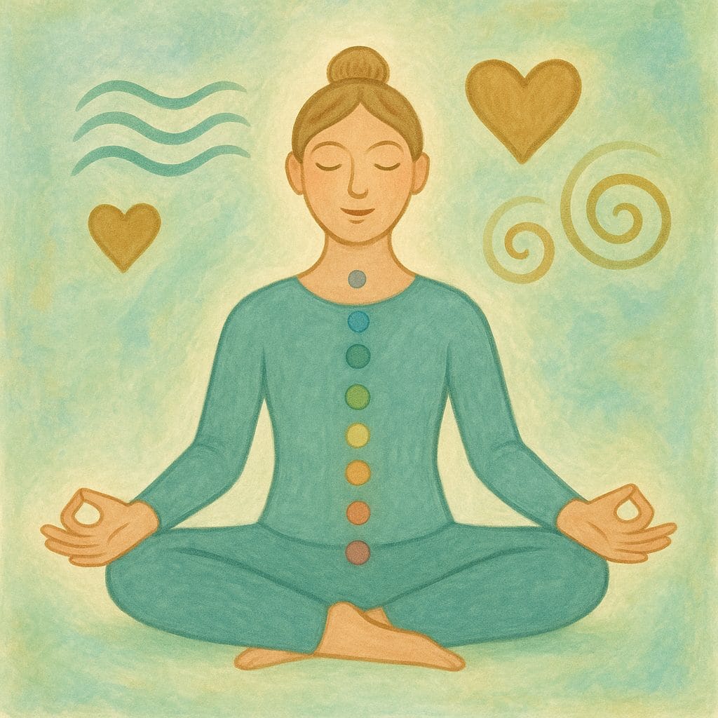 Ilustración de técnicas de equilibrio energético con figura meditando y símbolos de prácticas sanadoras