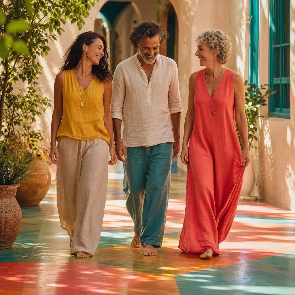 Fotografía editorial cuadrada de tres personas caminando y riendo en un patio mediterráneo colorido, simbolizando la alegría consciente y el permiso de sanar disfrutando.