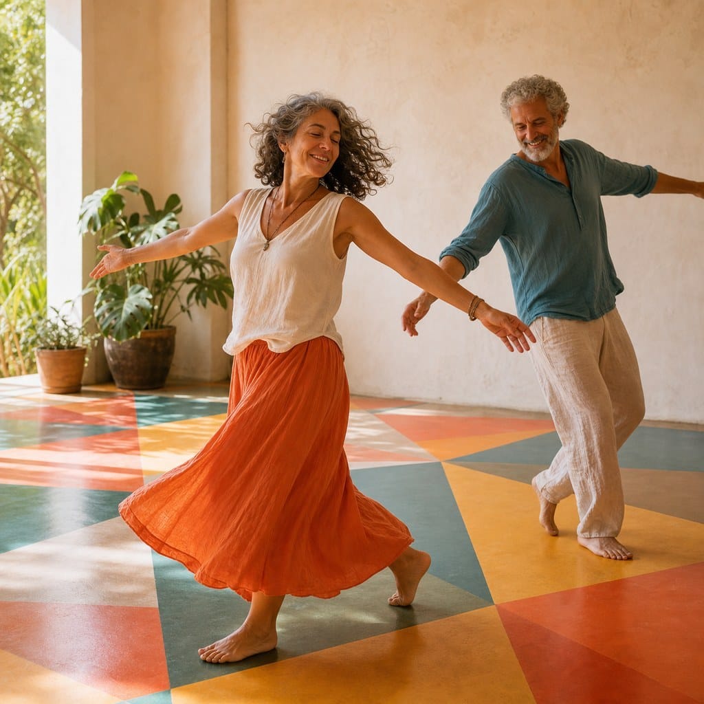 Fotografía editorial cuadrada de dos personas bailando sobre un suelo geométrico colorido, simbolizando la alegría consciente en el cuerpo que vuelve a expandirse.