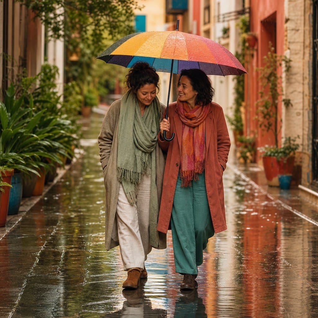 Fotografía editorial cuadrada de dos personas caminando bajo un paraguas colorido después de la lluvia, simbolizando la alegría consciente cuando el gozo convive con el dolor.