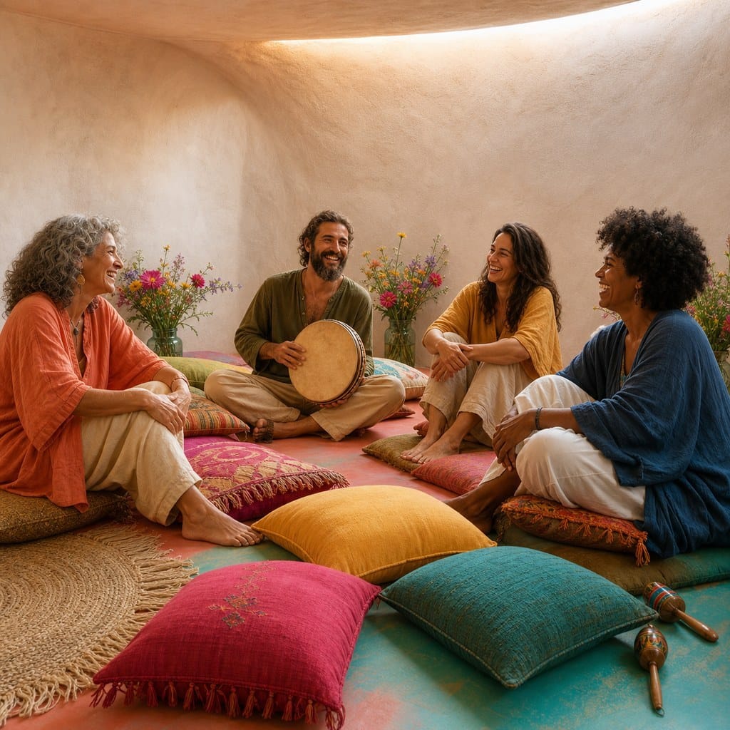 Fotografía editorial cuadrada de un grupo de personas riendo en una sala de retiro con cojines e instrumentos, simbolizando la alegría consciente compartida en comunidad.