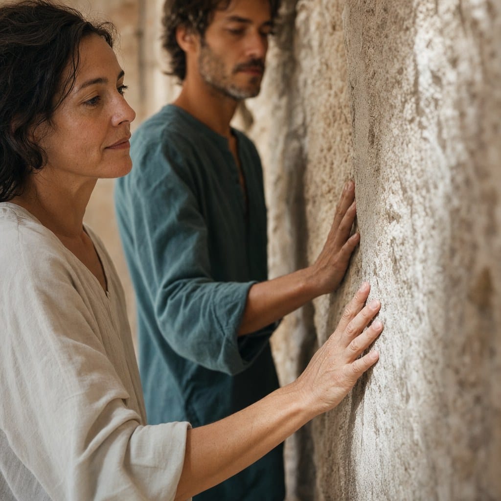Fotografía editorial cuadrada de dos personas tocando lentamente una pared de piedra en silencio, simbolizando la presencia consciente a través del contacto con la textura y el cuerpo.