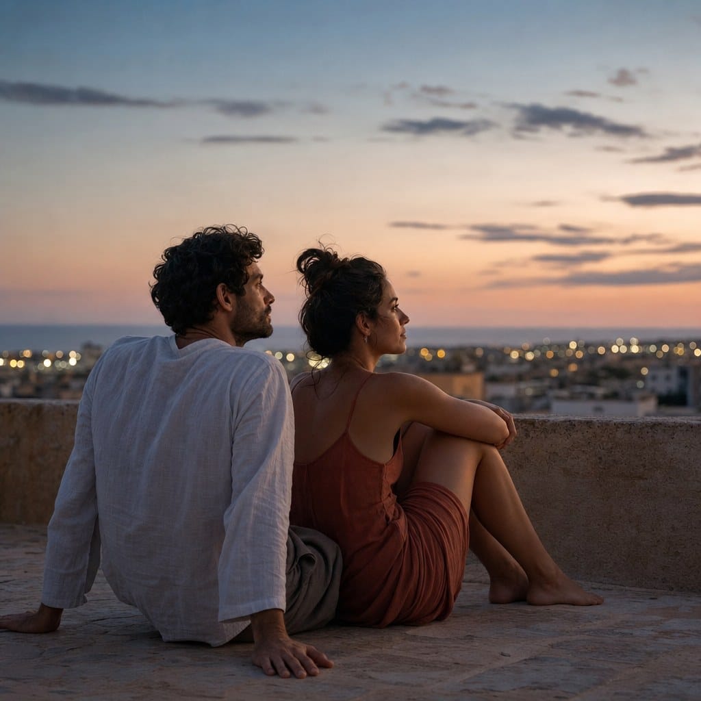 Fotografía editorial cuadrada de dos personas sentadas en silencio mirando un horizonte luminoso, simbolizando la presencia consciente compartida sin necesidad de hablar.