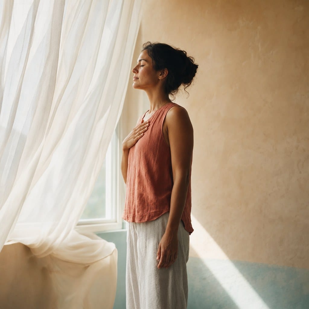 Fotografía editorial cuadrada de una persona respirando junto a una gran ventana luminosa con telas suaves y luz cálida, simbolizando la presencia consciente como regreso sereno al ahora.
