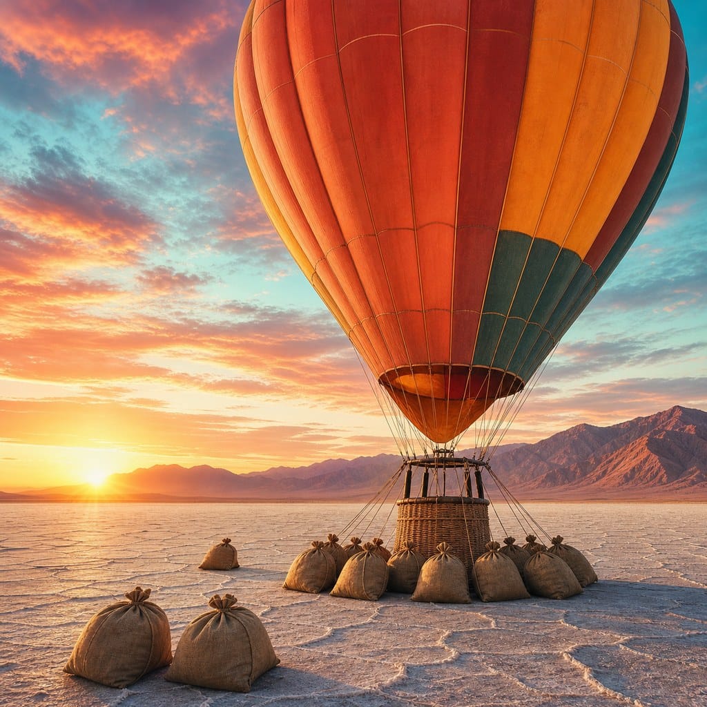 sobrecarga-emocional_cabecera-globo-sacos-1 Fotografía editorial cuadrada de un globo aerostático colorido sujeto por sacos en un salar al amanecer, simbolizando la sobrecarga emocional y el alivio de soltar peso.