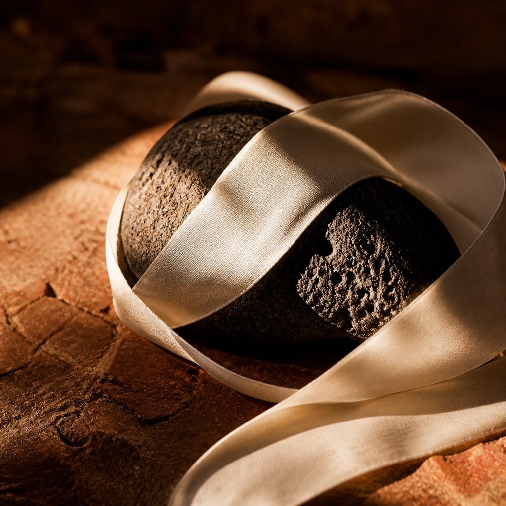 Fotografía editorial cuadrada de una piedra oscura envuelta por una cinta clara sobre superficie de terracota, simbolizando cómo suavizar la autocrítica con compasión.