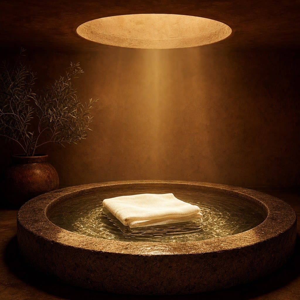Fotografía editorial cuadrada de un cuenco de piedra con agua iluminado por un haz dorado y una tela clara flotando, simbolizando un ritual de cuidado y ternura interior.