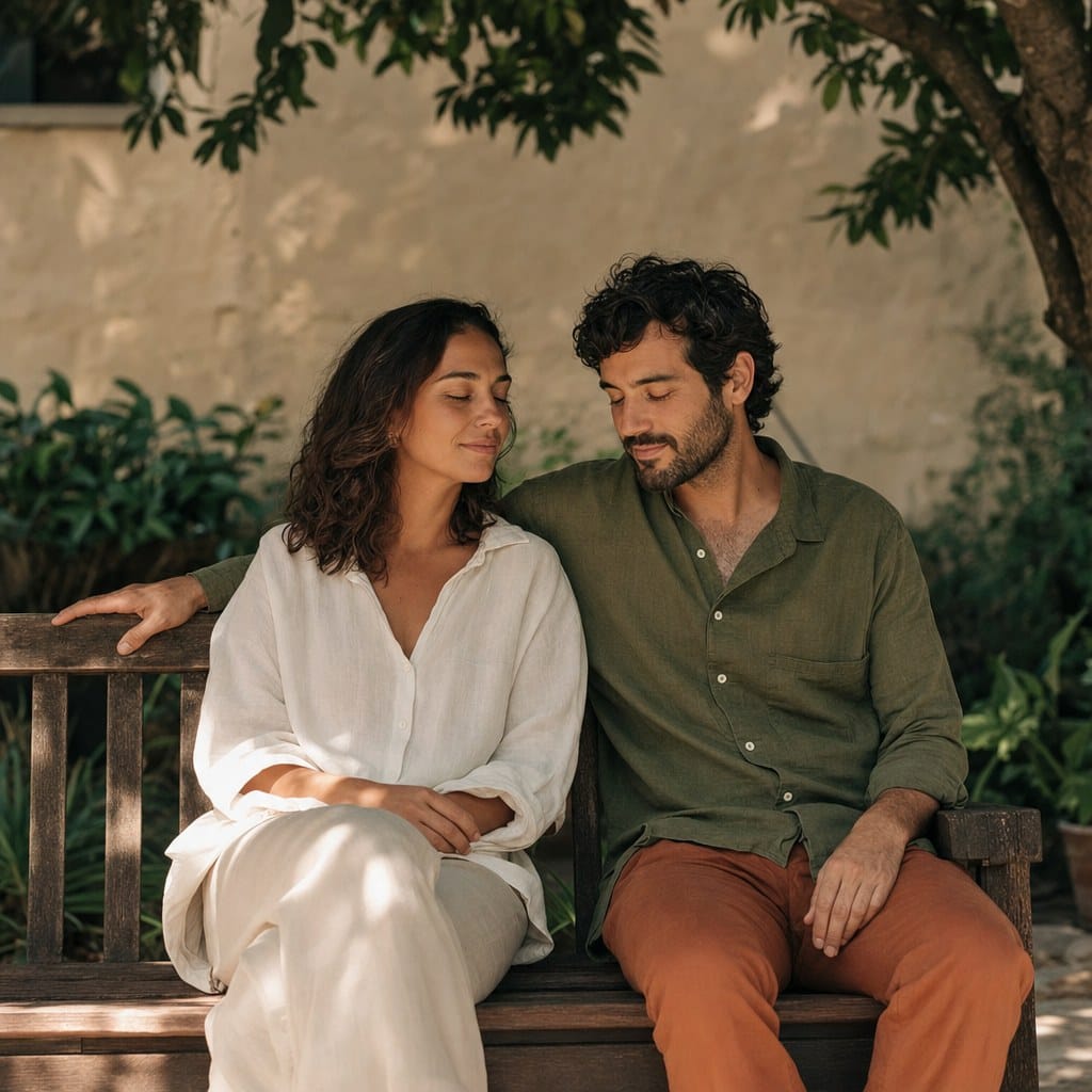 Fotografía editorial cuadrada de dos personas sentadas en un banco de jardín compartiendo una pausa silenciosa, simbolizando el descanso consciente sostenido en vínculo.