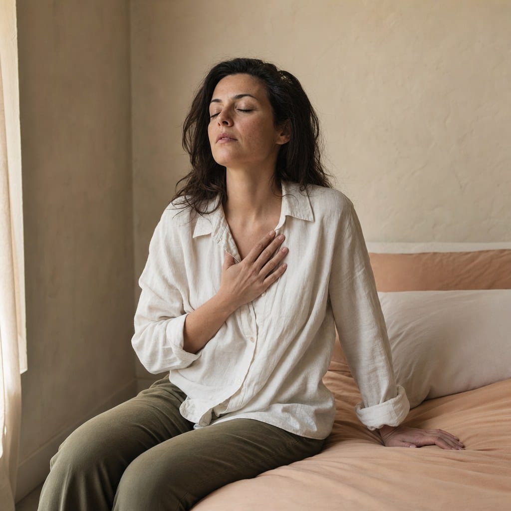 Fotografía editorial cuadrada de una persona sentada en el borde de la cama al amanecer, con el cuerpo inclinado hacia delante, simbolizando el descanso consciente cuando el cuerpo pide pausa.
