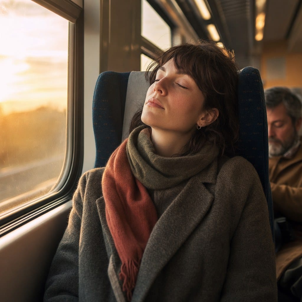 Fotografía editorial cuadrada de una persona dormitando suavemente en un asiento de tren con la luz de la tarde entrando por la ventana, simbolizando el descanso consciente en movimiento.