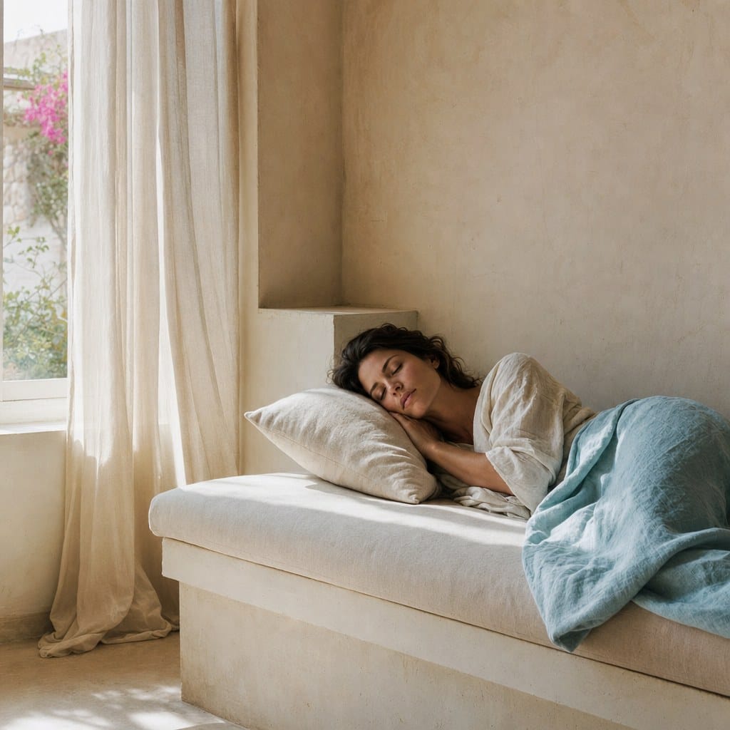 Fotografía editorial cuadrada de una persona recostada junto a una ventana con luz suave y cortinas ligeras, simbolizando el descanso consciente como refugio sereno.