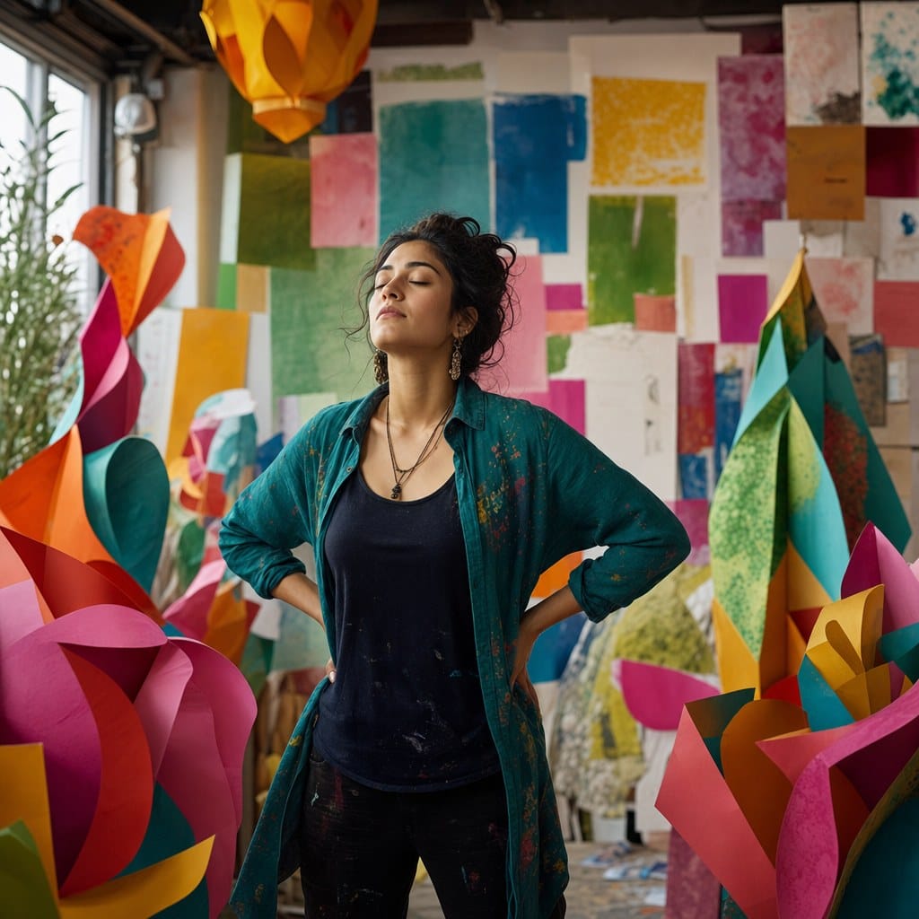 Imagen editorial cuadrada de una persona respirando en un estudio creativo lleno de formas coloridas, simbolizando la frustración consciente cuando aparece la autoexigencia.