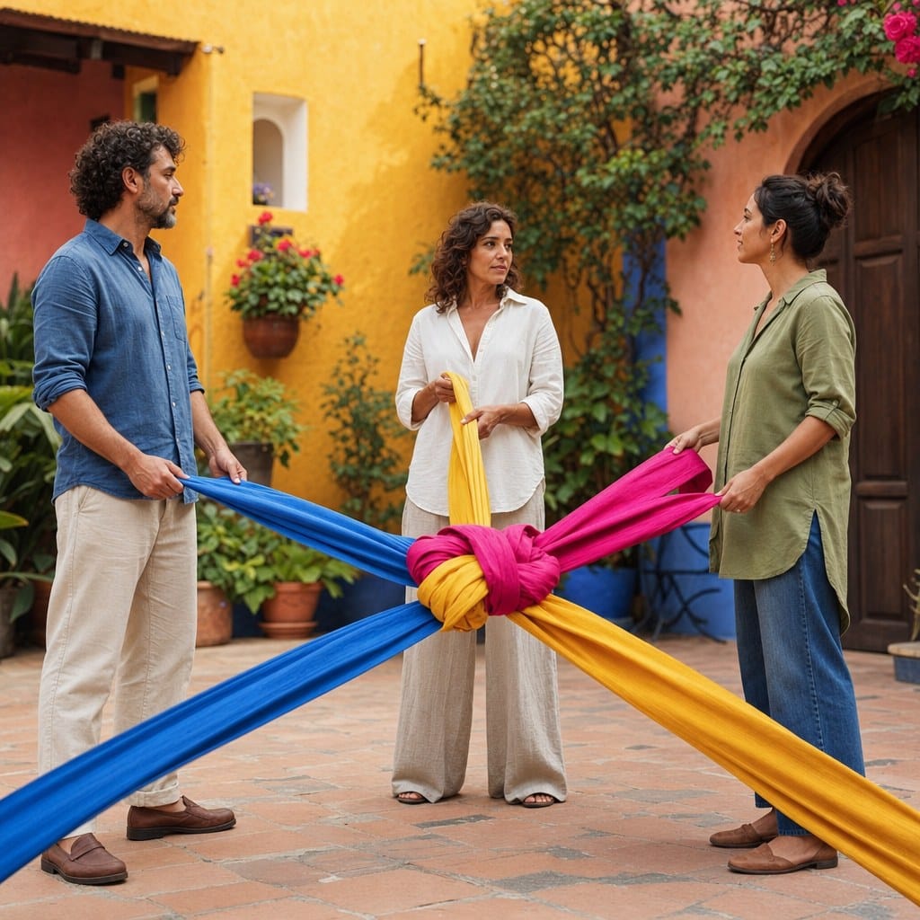Imagen editorial cuadrada de tres personas sosteniendo telas de colores anudadas en un patio, simbolizando la frustración consciente en pareja, familia y trabajo.