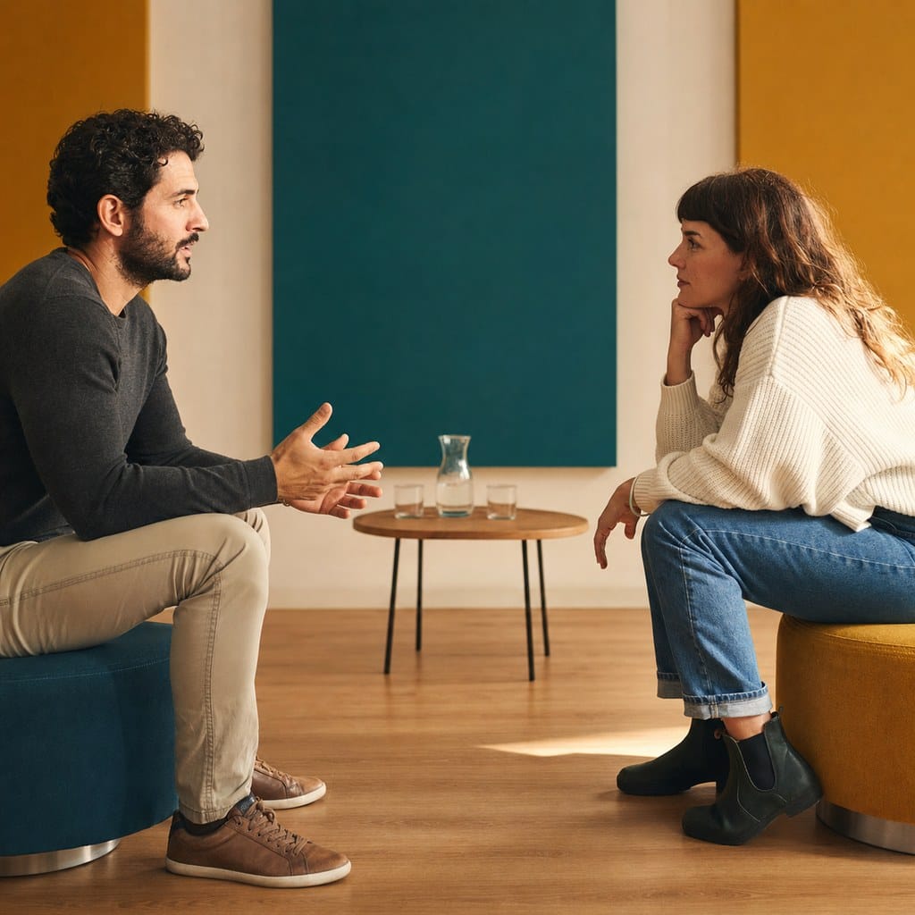 Imagen editorial cuadrada de dos personas conversando con calma en una sala colorida, simbolizando el miedo consciente expresado con comunicación y límites sanos.