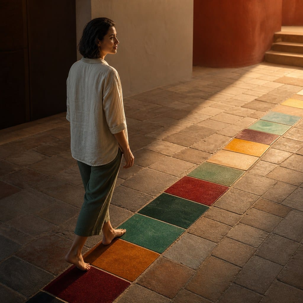 Imagen editorial cuadrada de una persona avanzando por baldosas de colores hacia la luz, simbolizando el miedo consciente convertido en un paso pequeño y posible.