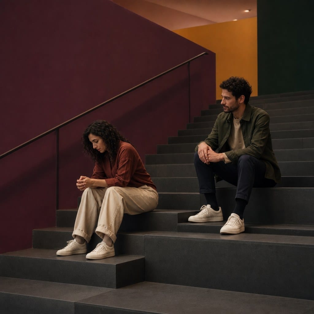 Imagen editorial cuadrada de dos personas sentadas en una escalera de museo, simbolizando la tristeza consciente acompañada sin prisa ni exigencia.