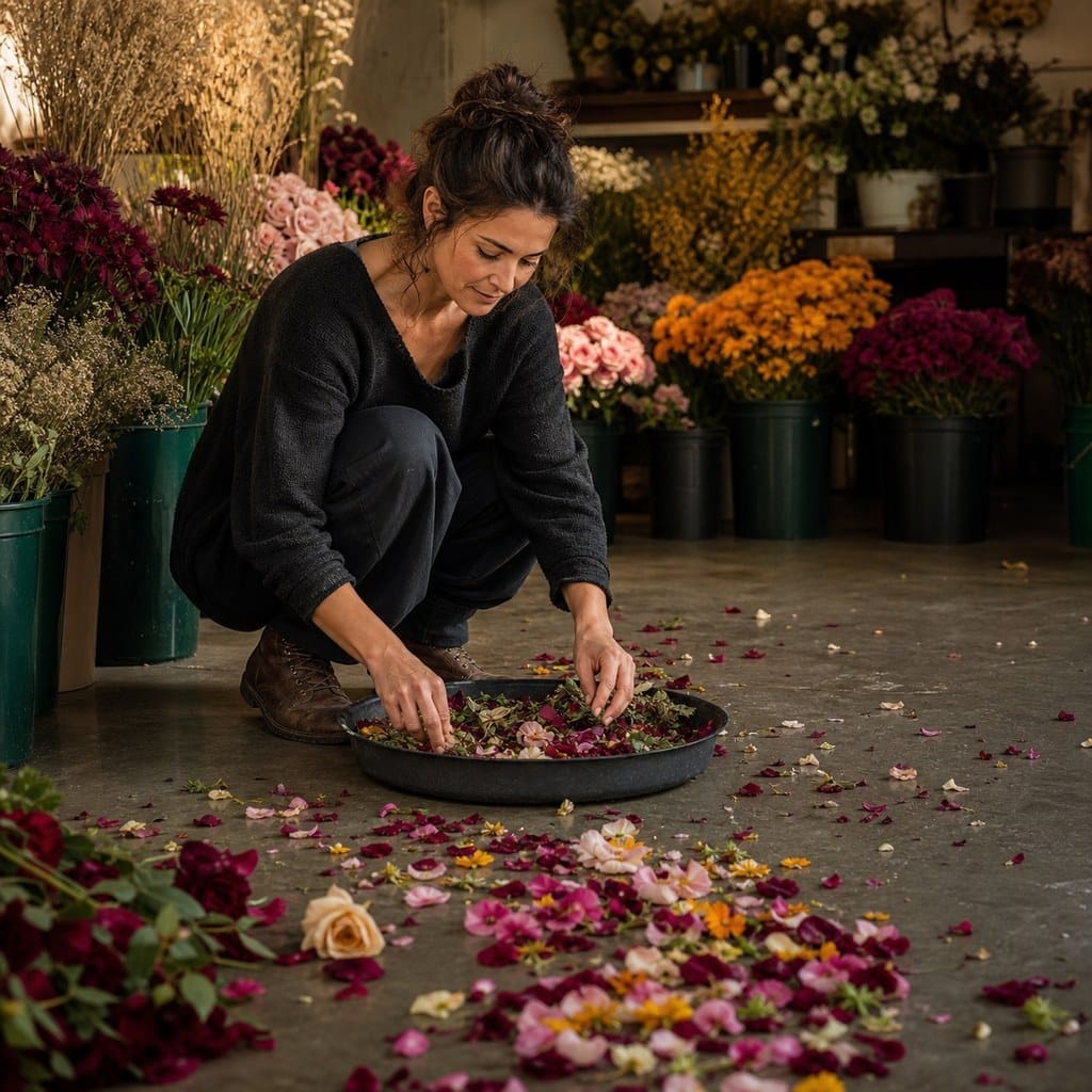 Imagen editorial cuadrada de una persona recogiendo pétalos en un mercado de flores, simbolizando la tristeza consciente integrada como parte del ciclo de la vida.