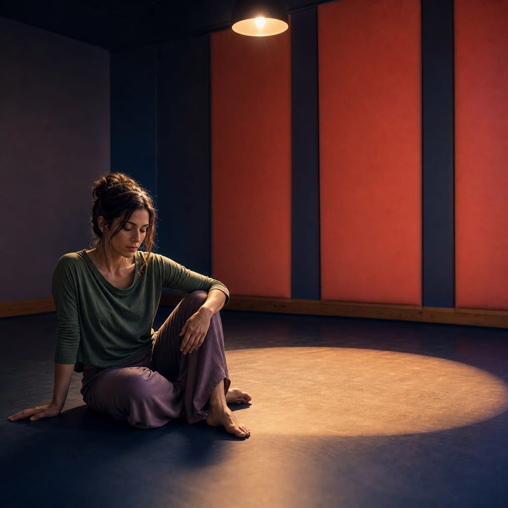 Imagen editorial cuadrada de una persona sentada junto a un círculo de luz en una sala íntima, simbolizando la tristeza consciente como señal corporal que pide pausa.