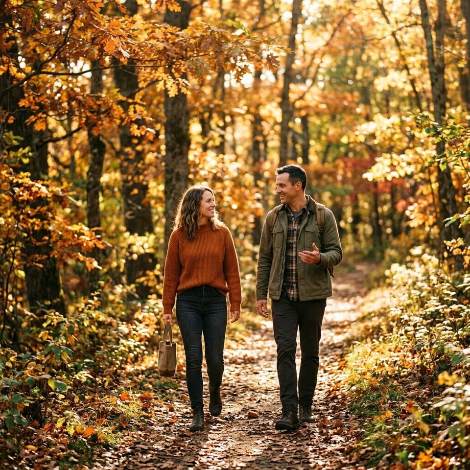 Imagen editorial cuadrada de dos personas caminando a la par en un bosque iluminado con distancia respetuosa, simbolizando la confianza interior reflejada en vínculos seguros.