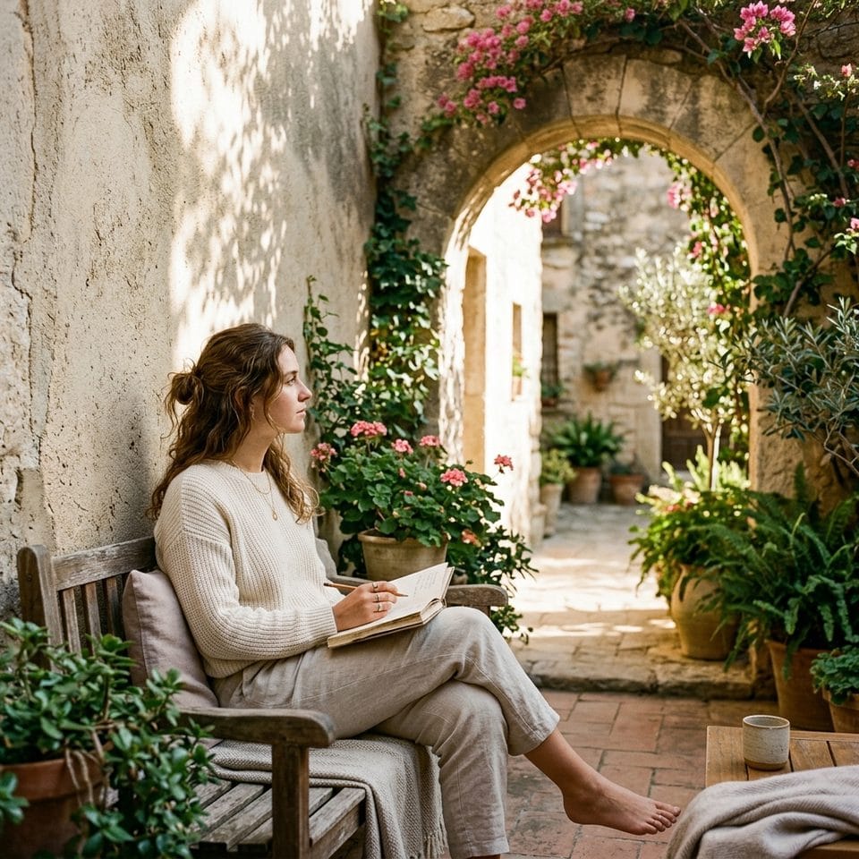 Imagen editorial cuadrada de una persona anotando sensaciones en una galería serena con luz natural, simbolizando el discernimiento de la voz interior para cultivar confianza.