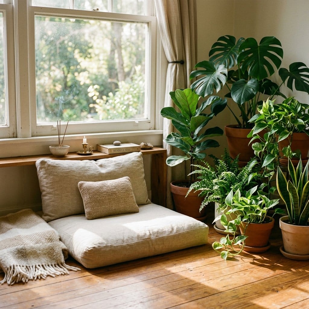 Imagen editorial cuadrada de un rincón de meditación con luz suave y plantas, simbolizando un espacio sagrado de reconexión interior.