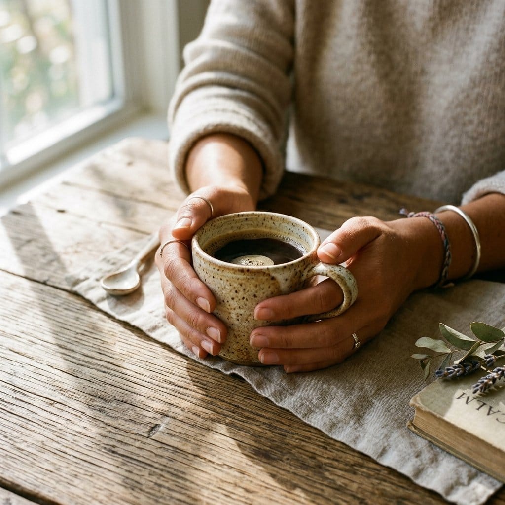 Imagen editorial cuadrada de manos sosteniendo una taza de cerámica artesanal en un patio cálido, simbolizando gestos sencillos con atención plena.