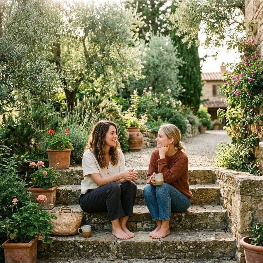 Imagen editorial cuadrada de dos personas conversando serenamente en un entorno natural cálido, simbolizando la presencia sagrada compartida en el vínculo.