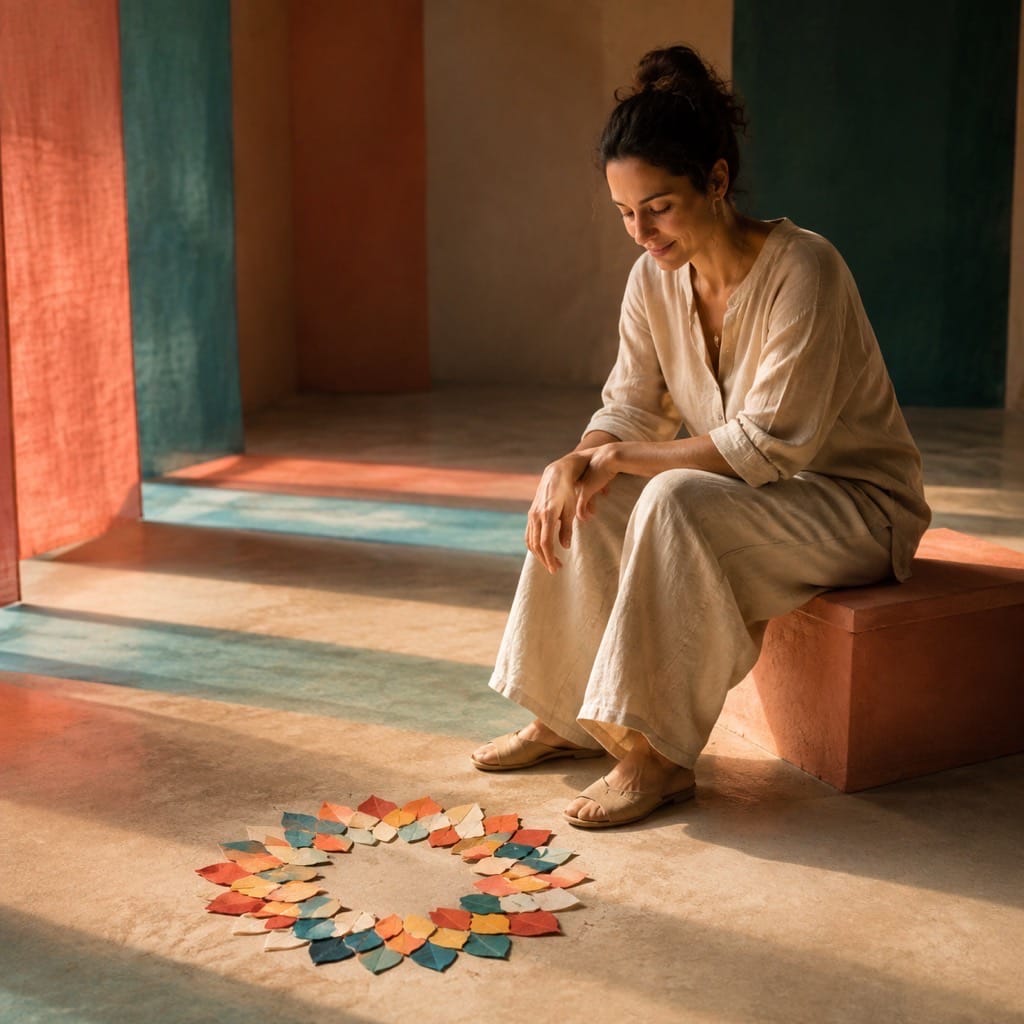 Persona sentada junto a un círculo de papeles de colores, simbolizando la celebración consciente como pausa para reconocer la vida sin exigirse felicidad.