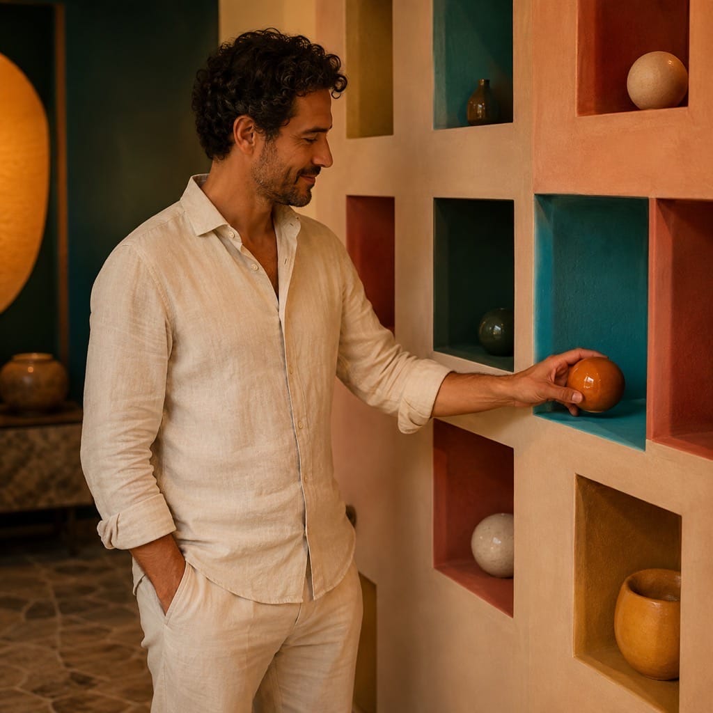 Hombre eligiendo una esfera cerámica en un muro de nichos coloridos, simbolizando el permiso de recibir alegría, reconocimiento y vida.