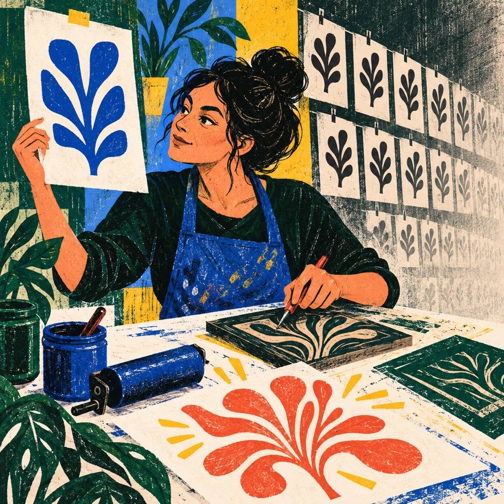 Mujer creando una estampa propia frente a patrones repetidos, simbolizando transformar la comparación en inspiración con voz personal.