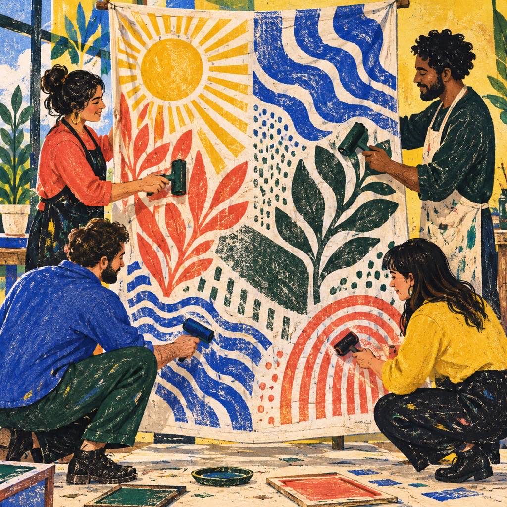 Dos hombres y dos mujeres creando una estampa compartida con patrones distintos, simbolizando vínculos sin jerarquía ni comparación.