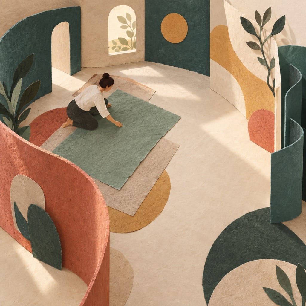 Figura organizando capas y formas de papel en una estancia amplia, simbolizando aprender a habitar el propio espacio con cuidado.