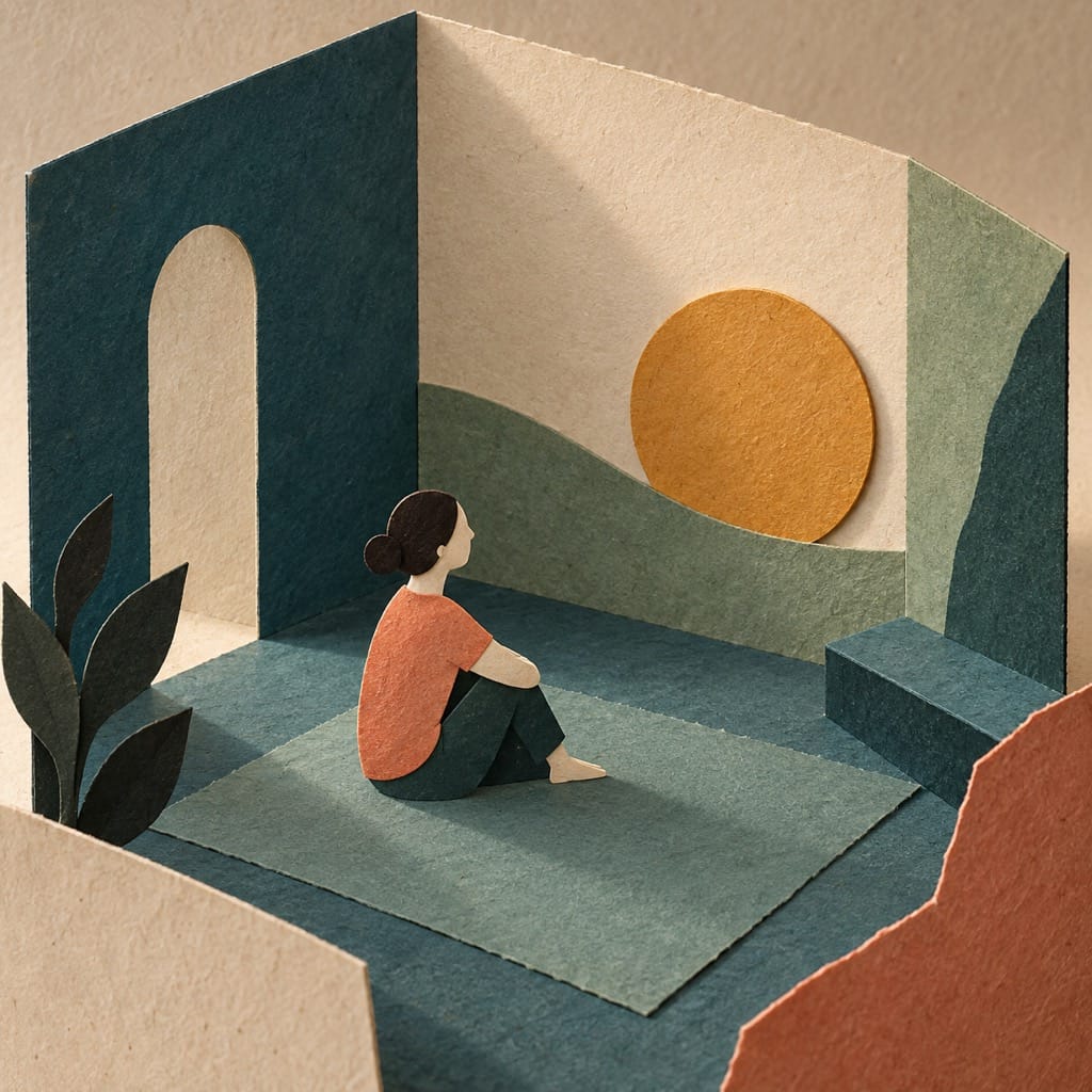 Figura sentada en una habitación abstracta de papel junto a un círculo cálido, simbolizando la soledad consciente como pausa de presencia interior.